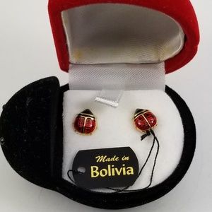 6mm x 4mm Mia Diamonds 925 Sterling Silver Children Child Youth Pink Enamel Kids Ladybug Post Earrings